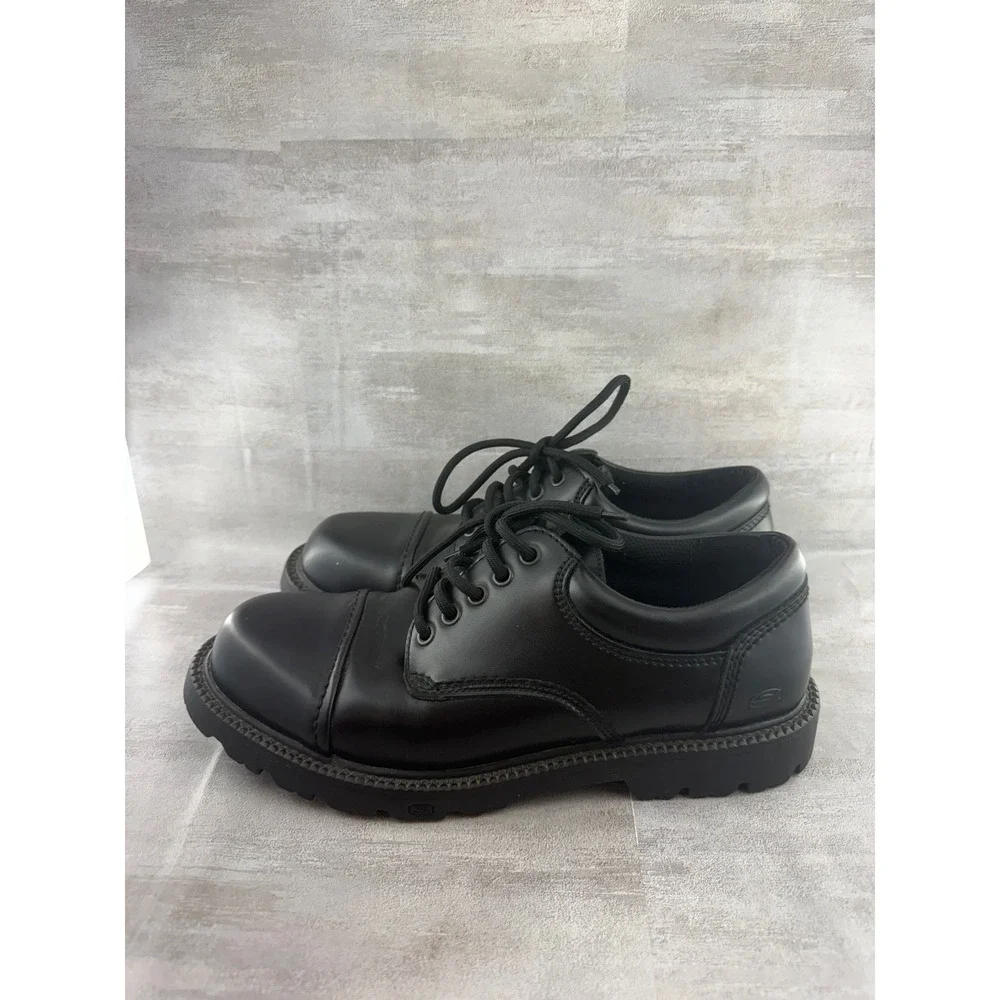 Skechers 4147 Black Leather Cap Toe Oxford Work Shoes Men 9 Slip Resistant Lug